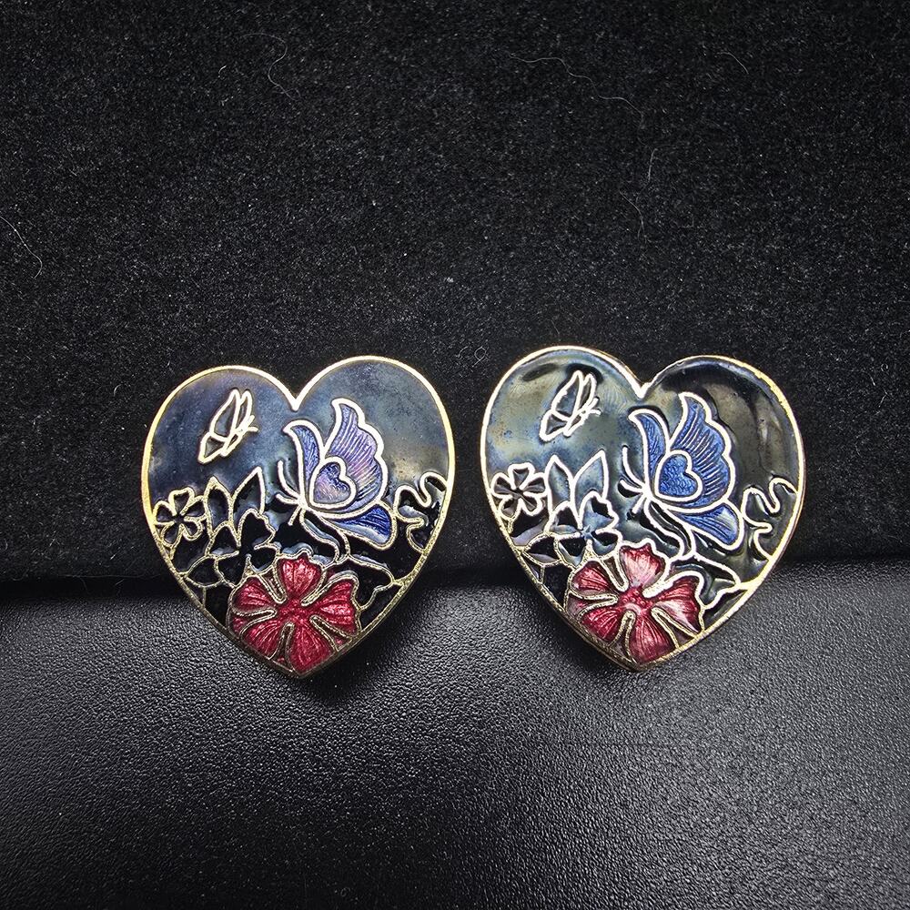 Cloisonne Butterfly Heart Earrings Enamel Black Purple Vintage Jewelry